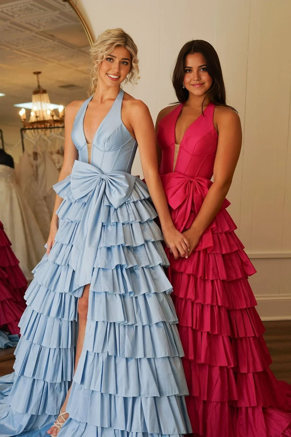 A-Line Halter Neck Long Tiered Satin Bowknot formal dresses evening dress Prom Dress with Slit